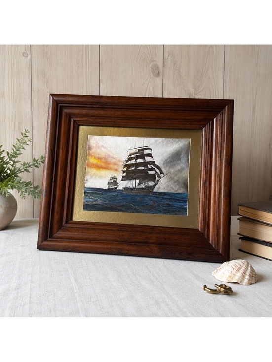 Other - Vintage Framed Foil Art Sailing Ship Nautical Wall Decor 14 x 12 Inch Wood Frame